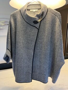 Cleo Black & White Textured Knit Poncho with Toggle Closure